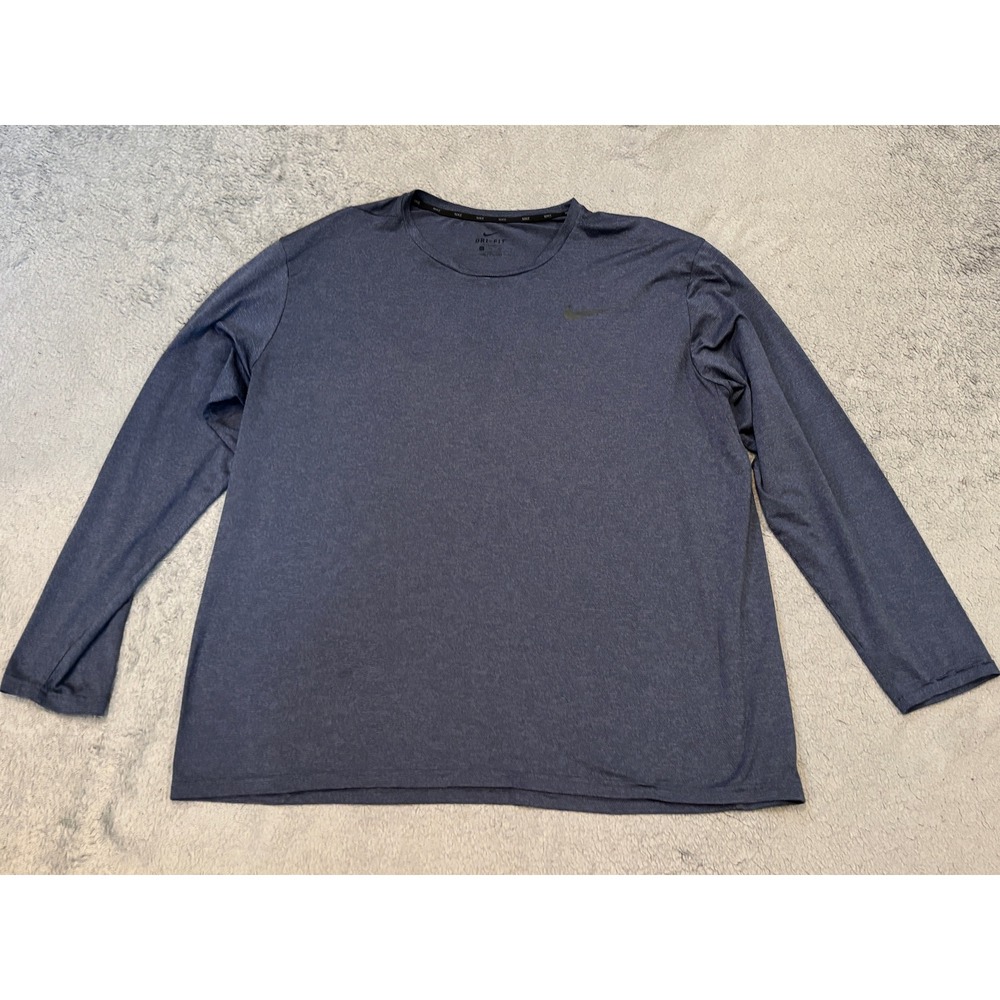 Nike Dri-FIT Mens XXL Long Sleeve Training Shirt Blue Heathered Crew Neck Logo